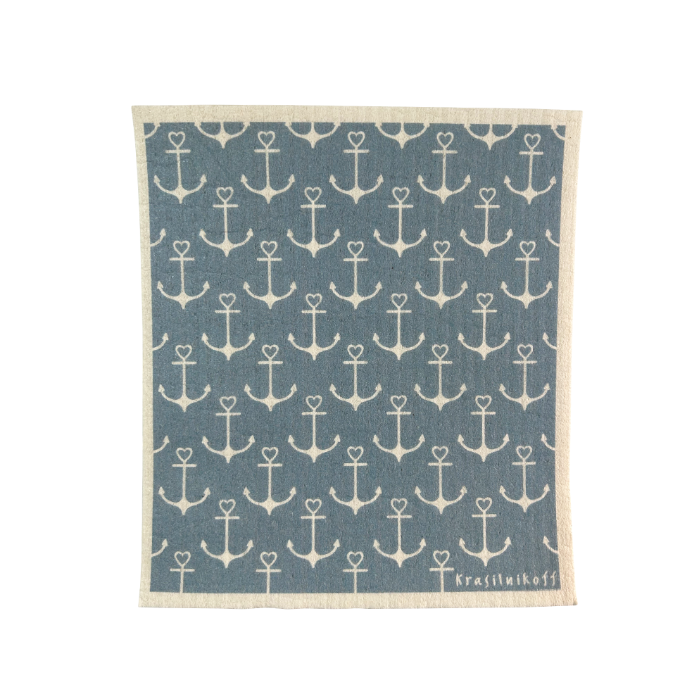 Krasilnikoff Schwammtuch Anker graublau  19 x 17 cm waschbar biologisch abbaubar nachhaltig
