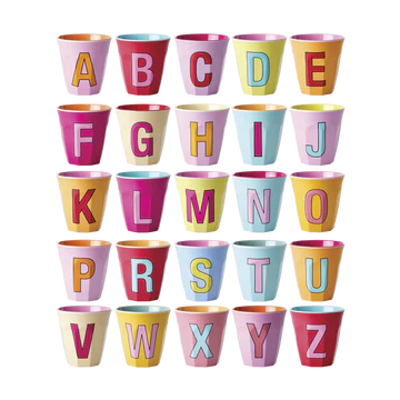 RICE Melamin Buchstabenbecher mehrfarbig Pinktöne medium komplettes Alphabet
