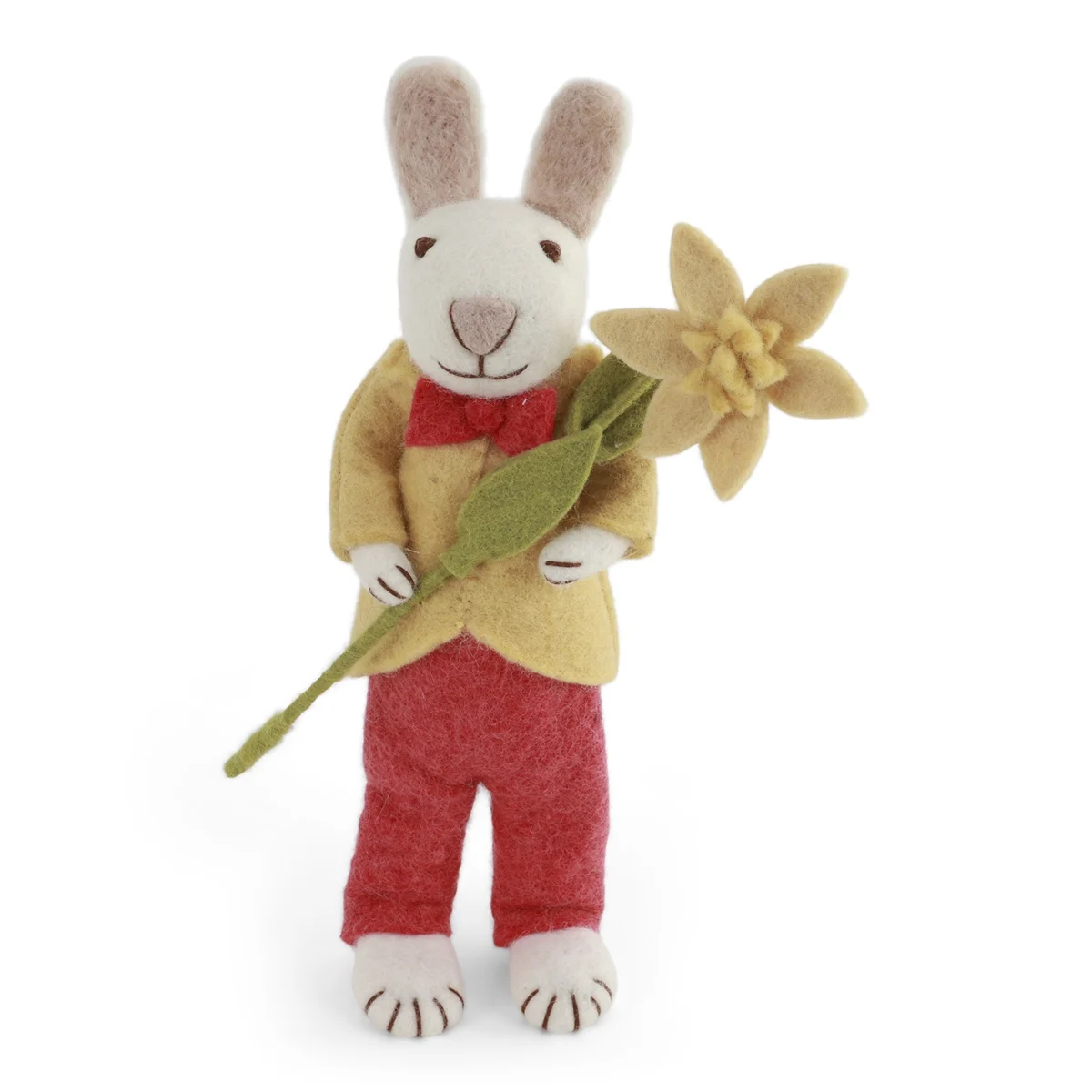 Gry & Sif großer weißer handgefilzter Hasi mit gelbem Jacket und roter Fliege 27 cm zum Hinstellen