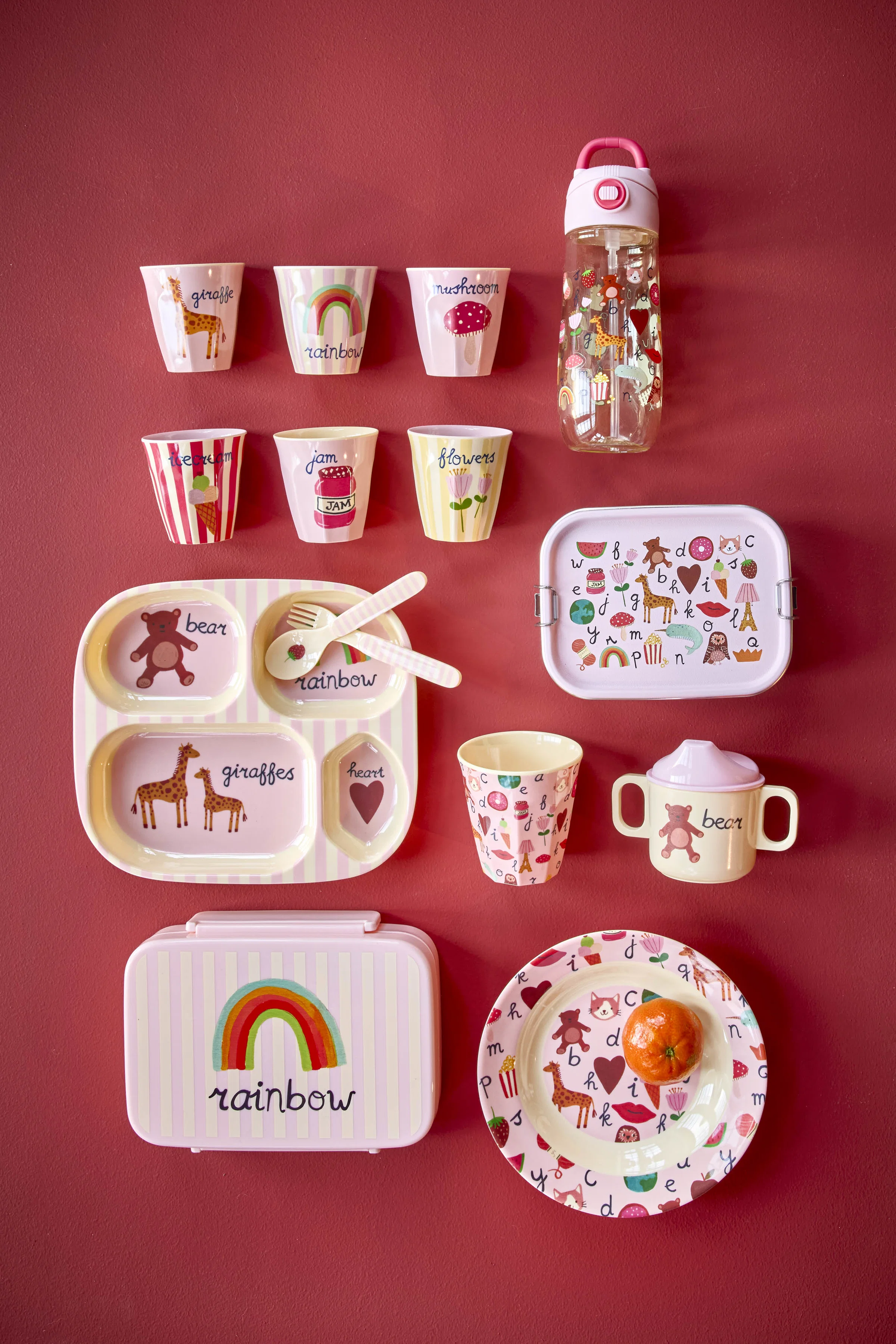 RICE Melamin Baby/Kindergeschirr ABC Print rosa
