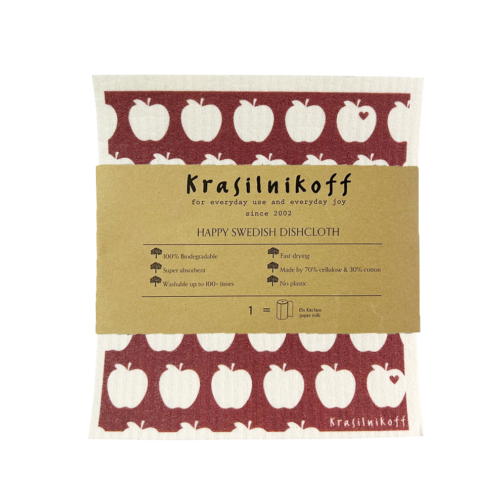 Krasilnikoff Schwammtuch Apfel   19 x 17 cm waschbar biologisch abbaubar nachhaltig