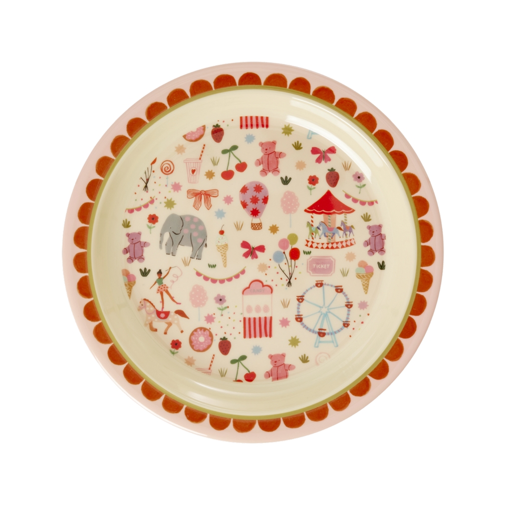 RICE Melamin Kinderteller Fun fair Print rosa 