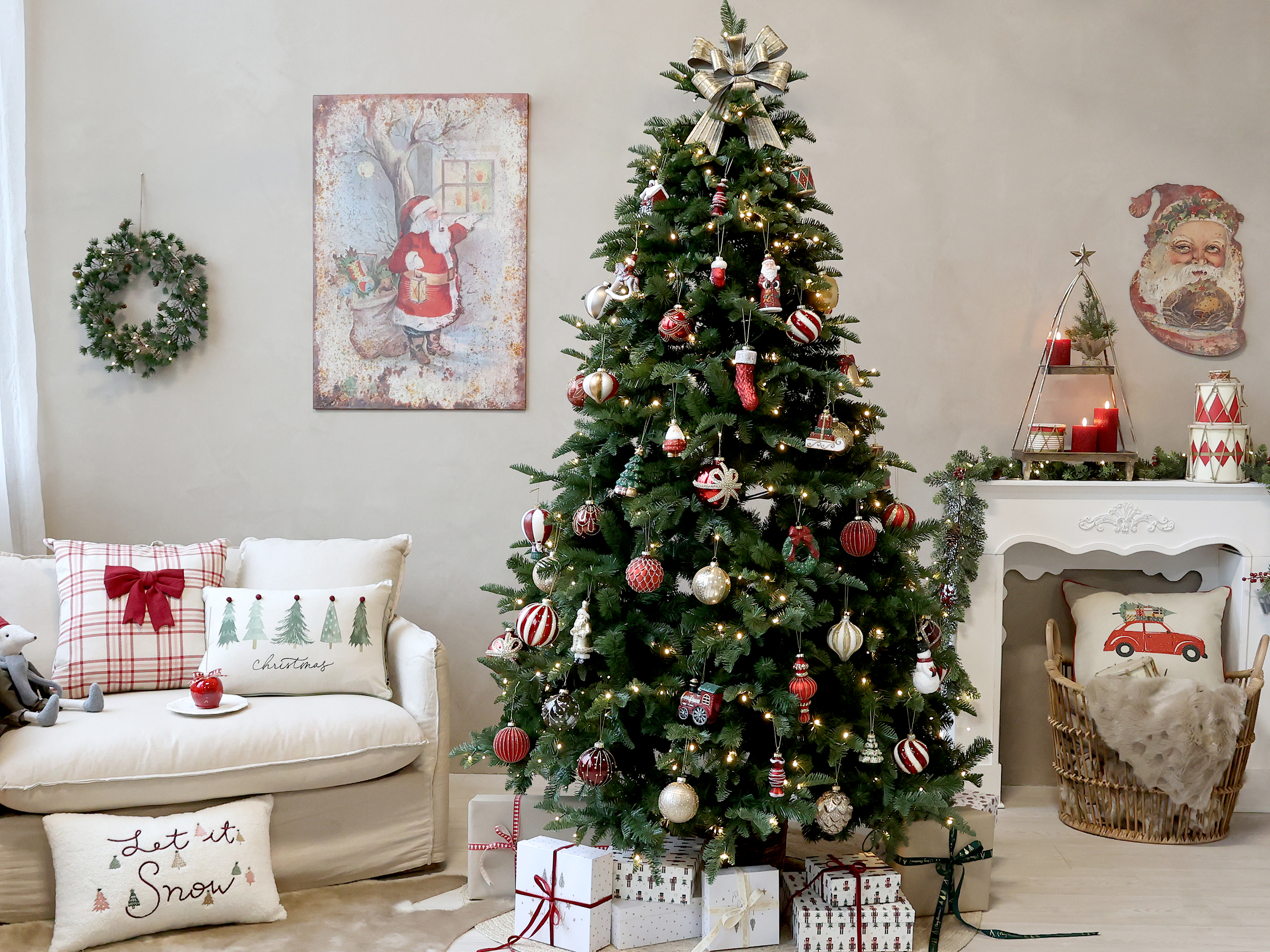 Chic Antique Kissenbezug mit Auto und Weihnachtsbaum leinen