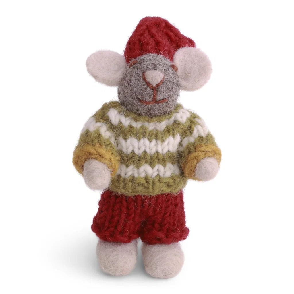 Gry & Sif handgefilzter kleiner Mäusejunge mit gestreiftem Pullover Mini grey boy mouse with striped sweater