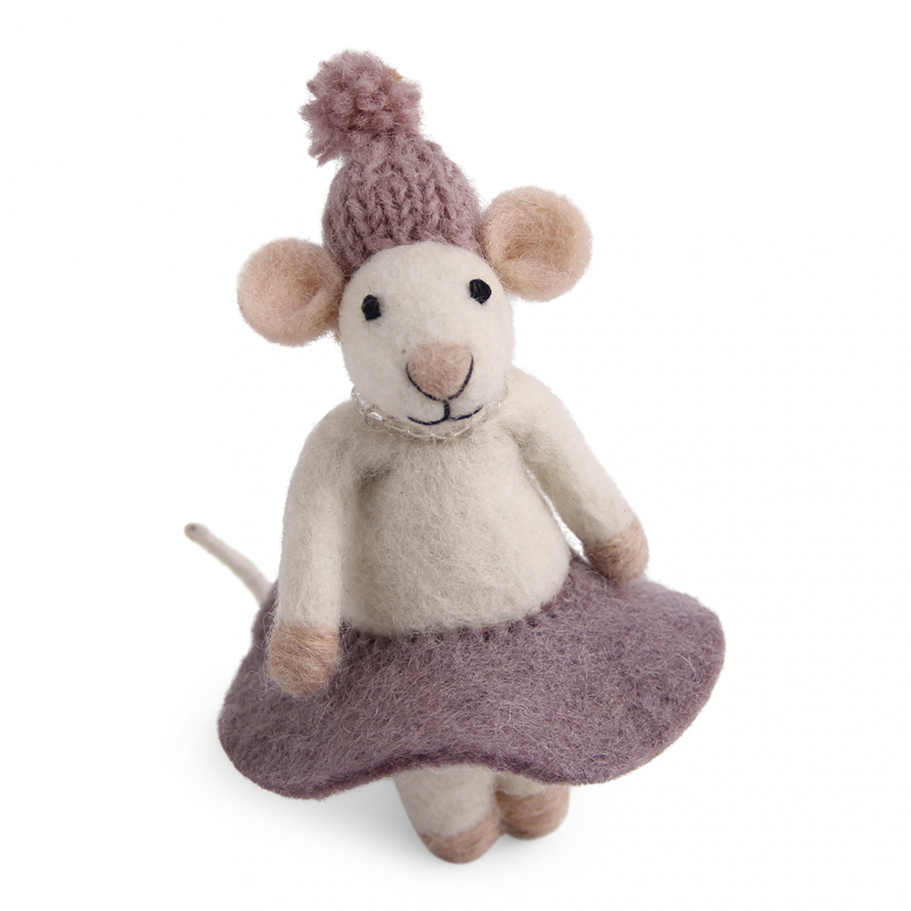 Gry & Sif gefilzte Maus mit einem lila Kleidchen 100% Handarbeit 13 cm Anhänher