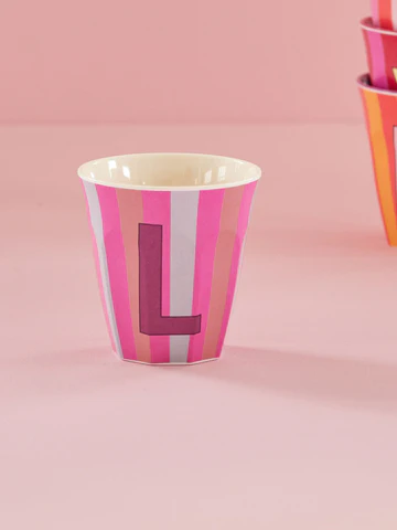 RICE Melamin Buchstabenbecher stripes Rosatöne medium komplettes Alphabet