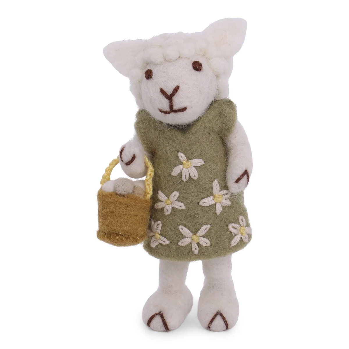 Gry & Sif handgefilztes weißes Schäfchen mit grünem bestickten Kleidchen und Eierkörbchen 11 cm