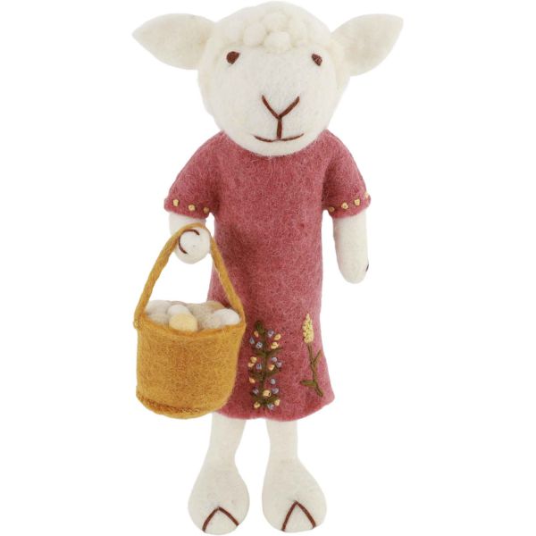 Gry & Sif handgefilztes großes Schäfchenmädchen mit besticktem Kleidchen und Eierkörbchen 27 cm