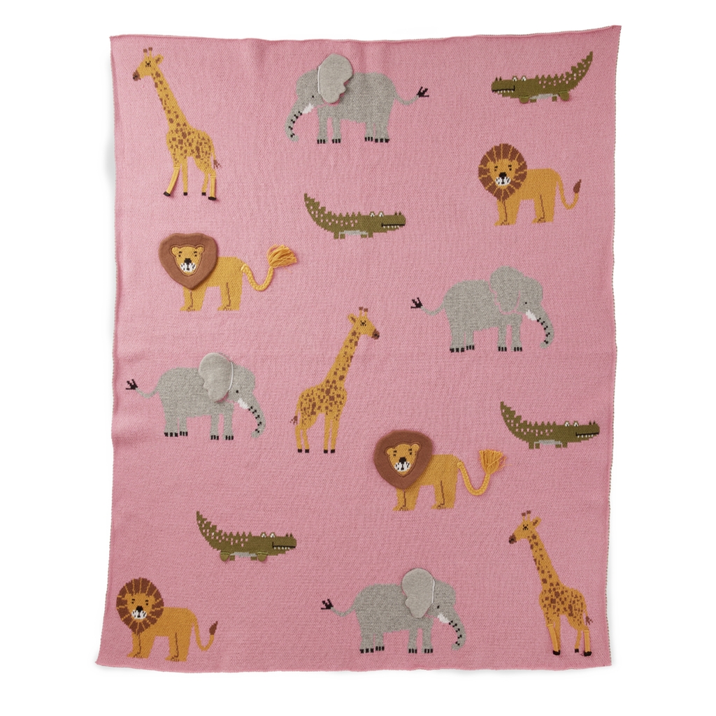 RICE Babydecke "Animals" feingestrickt aus 100% Baumwolle gedecktes pink