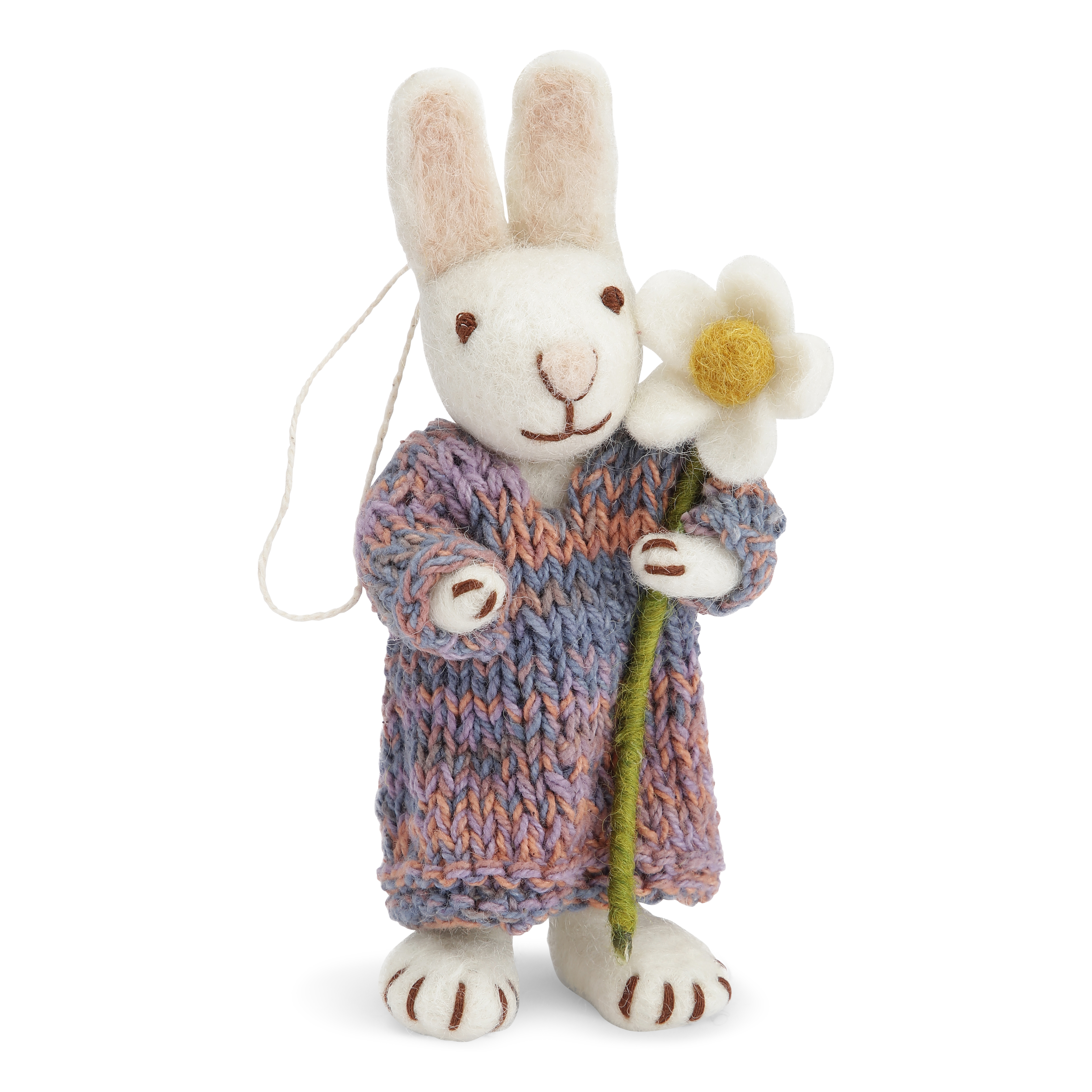 Gry & Sif weißes handgefilztes Hasenmädchen mit multicolor Kleid und Margerite 100% Handarbeit
