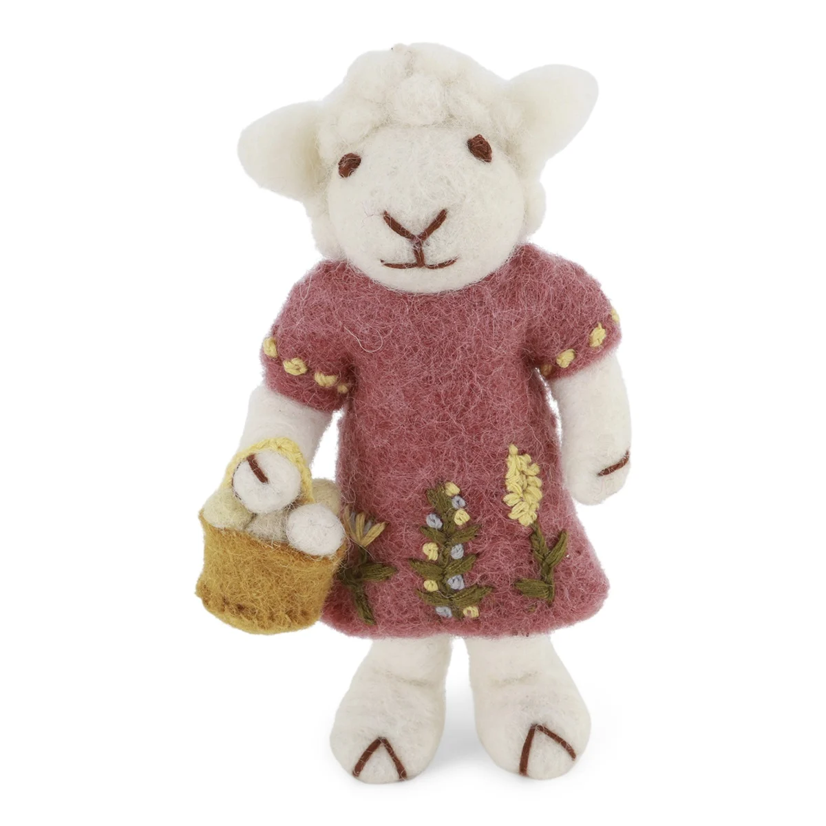 Gry & Sif handgefilztes weißes Schäfchen mit besticktem Kleidchen und Eierkörbchen 11 cm 