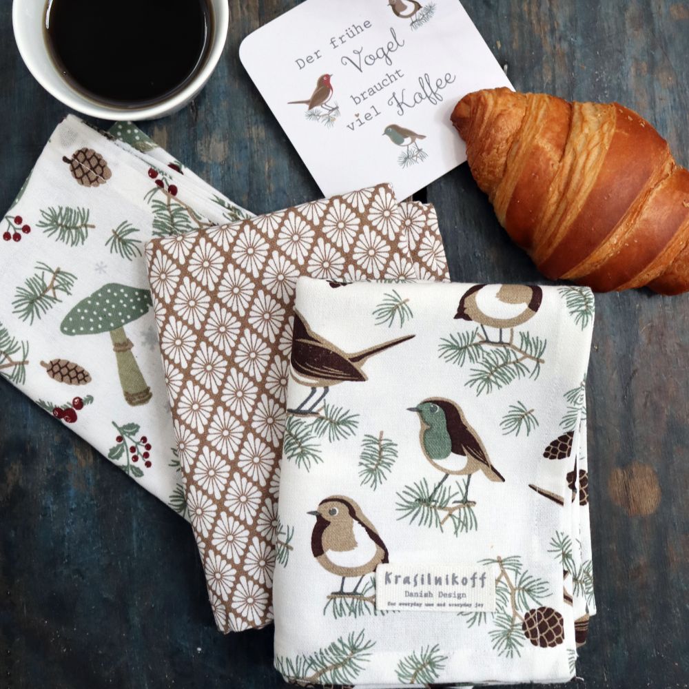 Krasilnikoff Geschirrtuch Spruce and birds white Teatowel