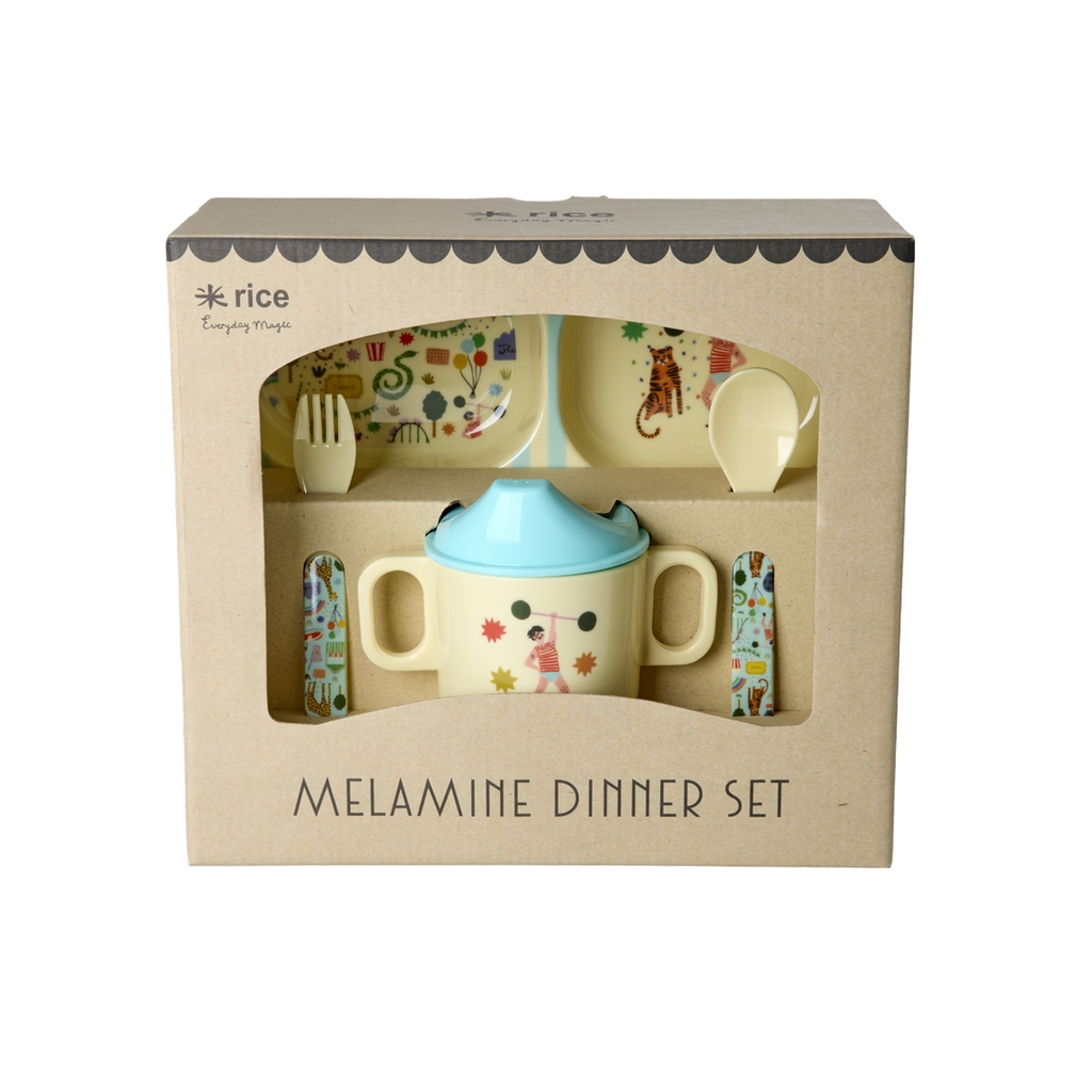 RICE Melamin Kindergeschirr Set Fun fair Print mint 4-teilig