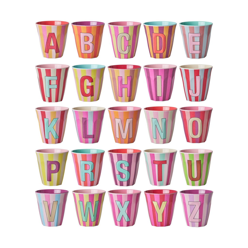 RICE Melamin Buchstabenbecher stripes Rosatöne medium komplettes Alphabet