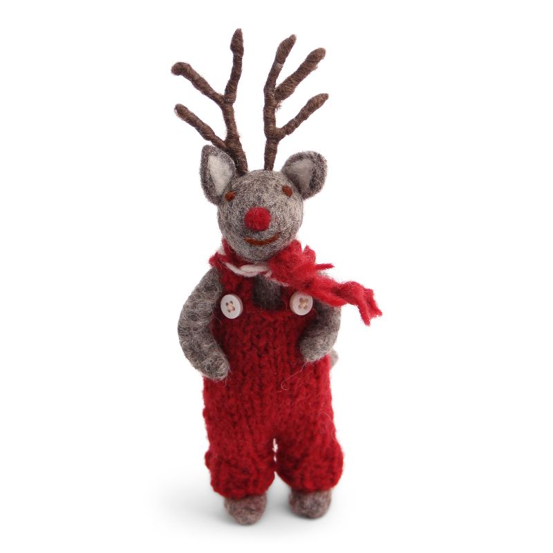 Gry & Sif handgefilzter Elchi mit roter Latzhose und gestreiftem Schal