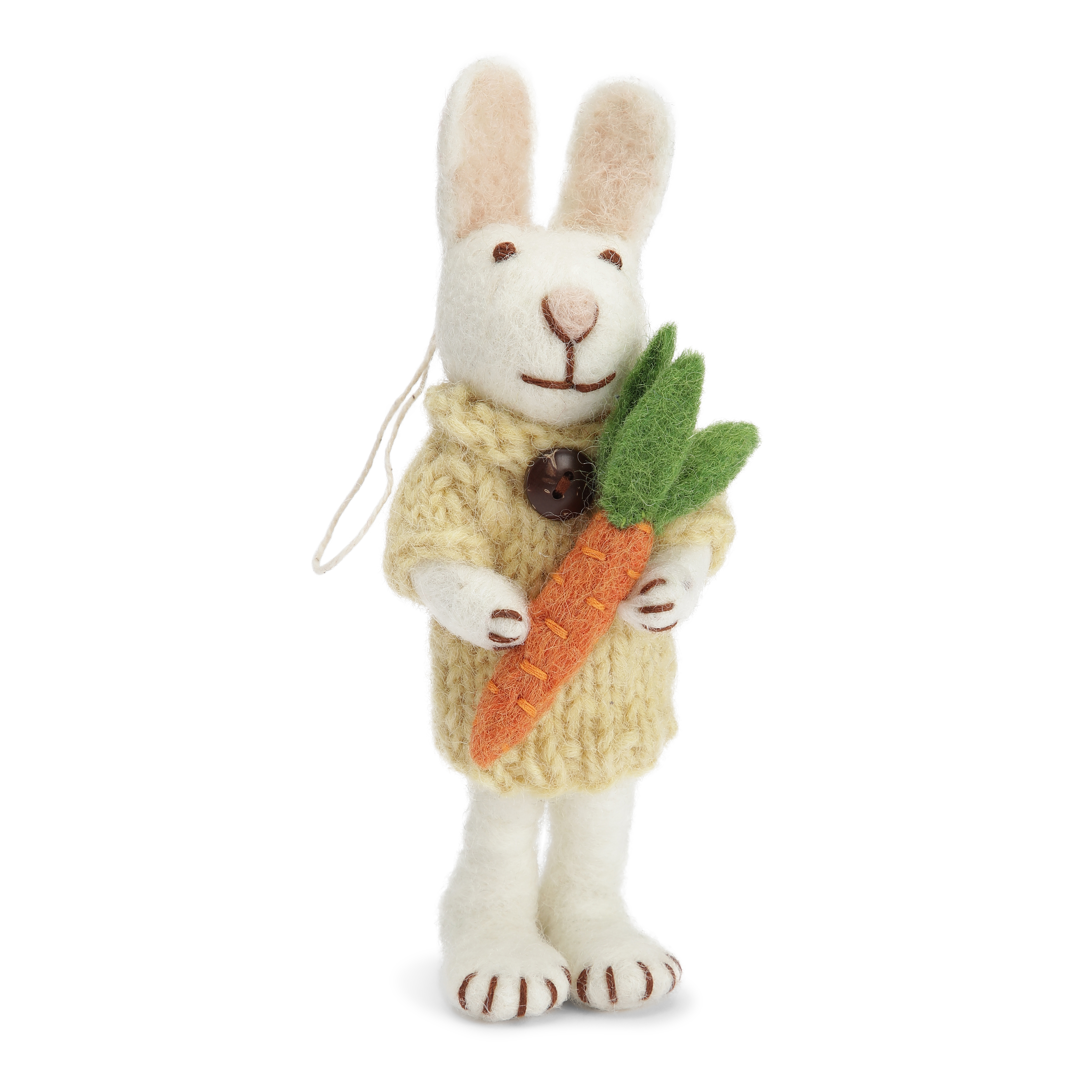 Gry & Sif handgefilztes weißes Hasenmädchen mit gelbem Kleidchen und Karotte 14 cm