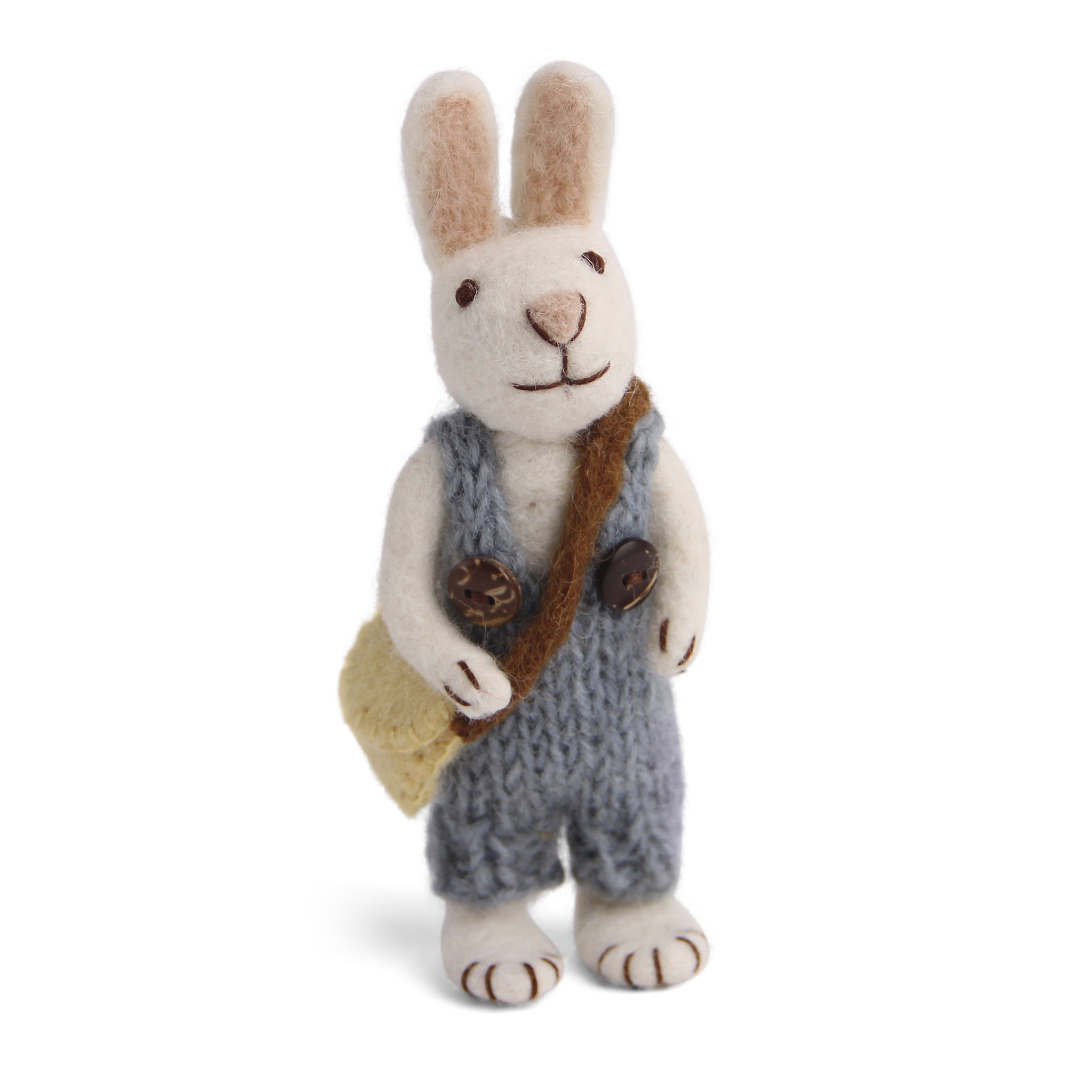 Gry & Sif weißer handgefilzter Hasi mit blauer Hose und Tasche 14 cm