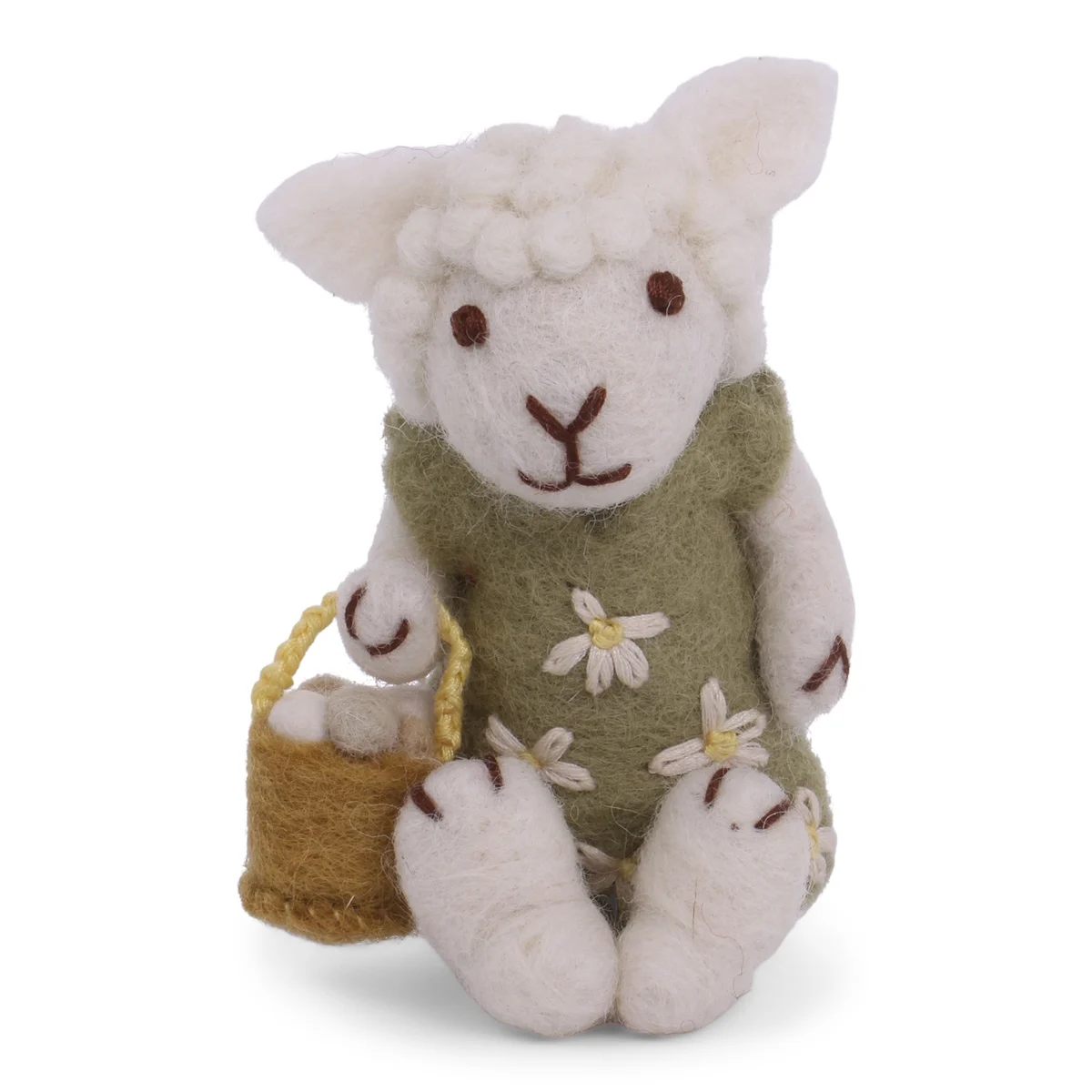 Gry & Sif handgefilztes weißes Schäfchen mit grünem bestickten Kleidchen und Eierkörbchen 11 cm