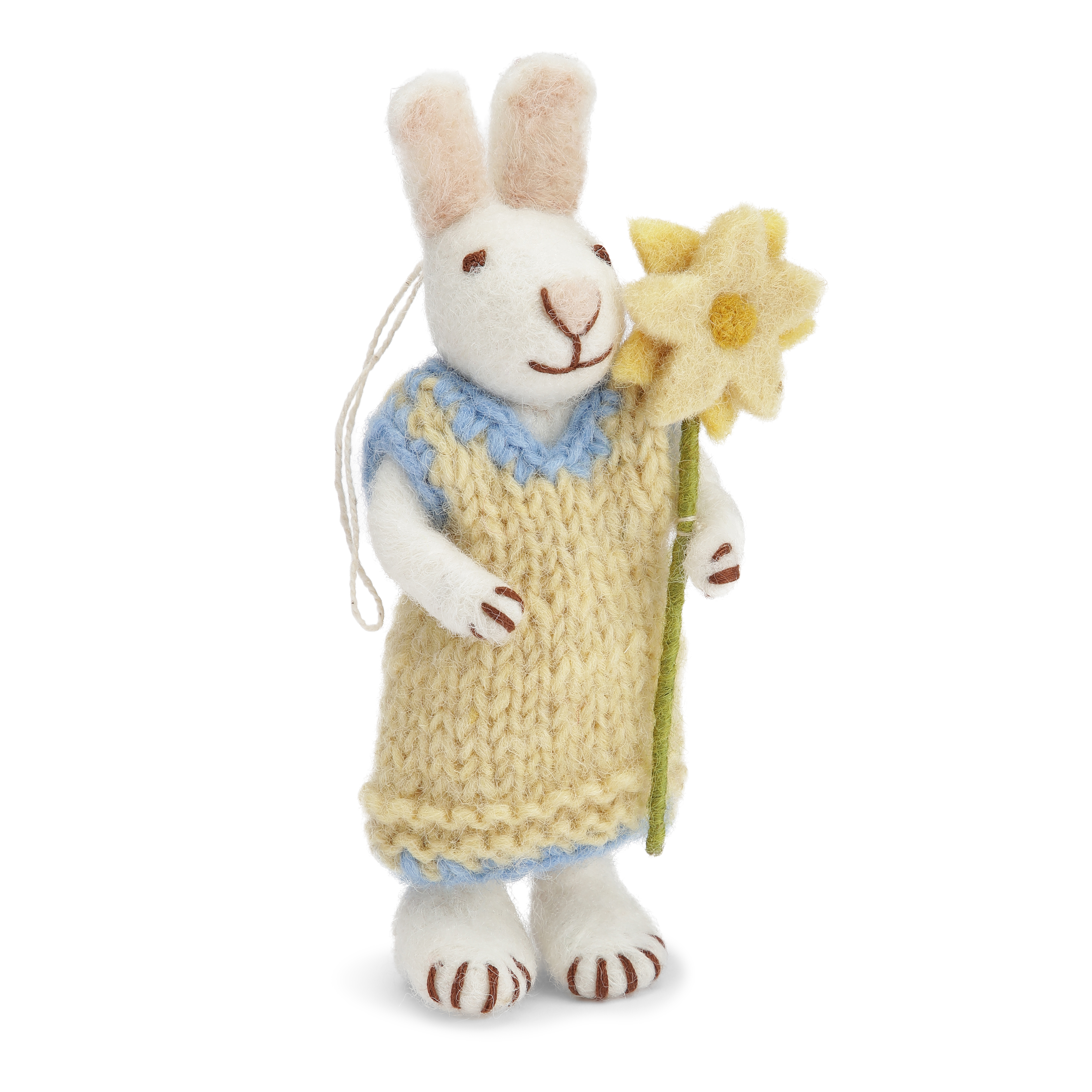 Gry & Sif weißes handgefilztes Hasenmädchen mit gelben Kleid und Blume 11 cm