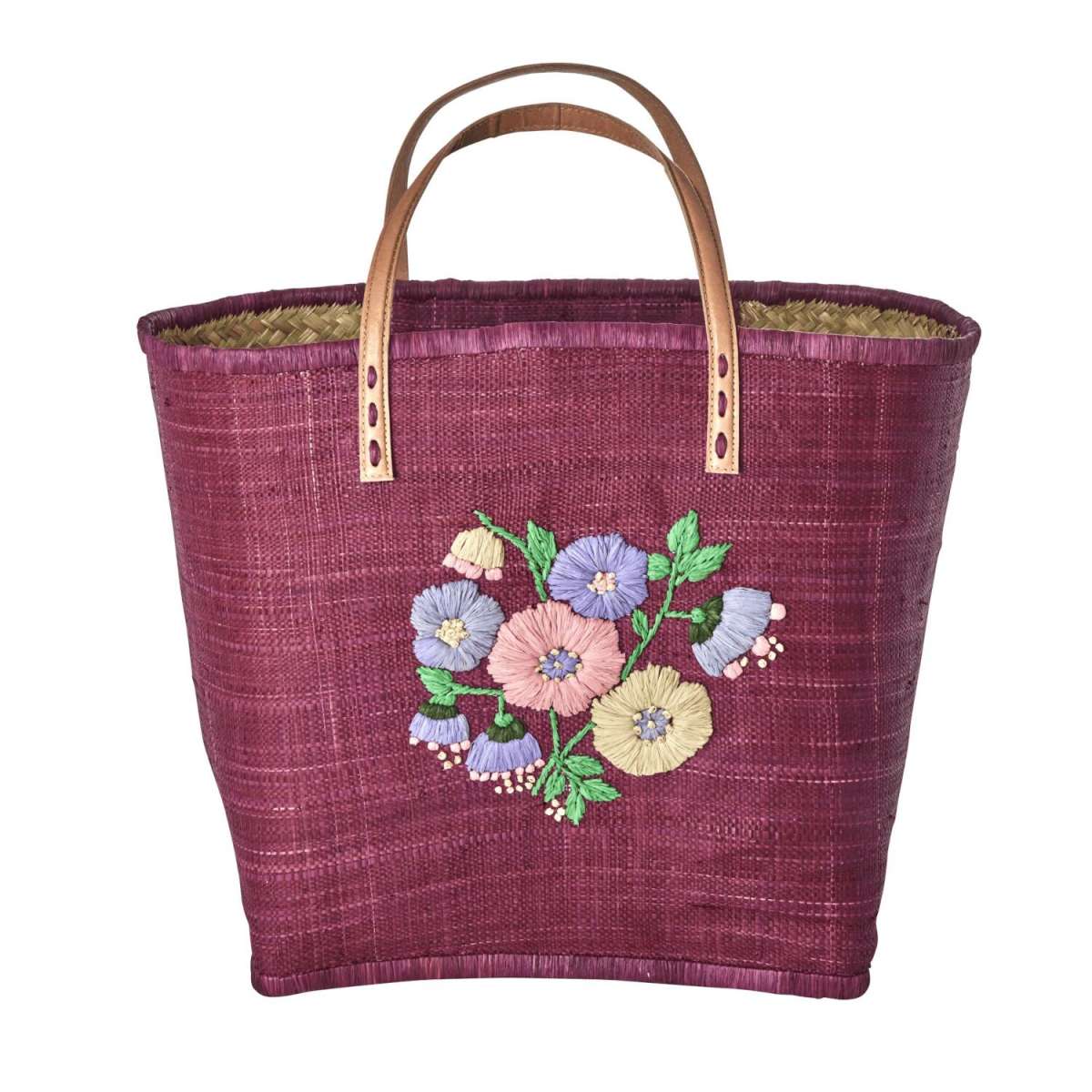 RICE Korbtasche aus Raffiabast mit einem handgestickten Blumenmuster