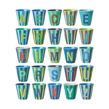 RICE Melamin Buchstabenbecher stripes Blautöne medium komplettes Alphabet