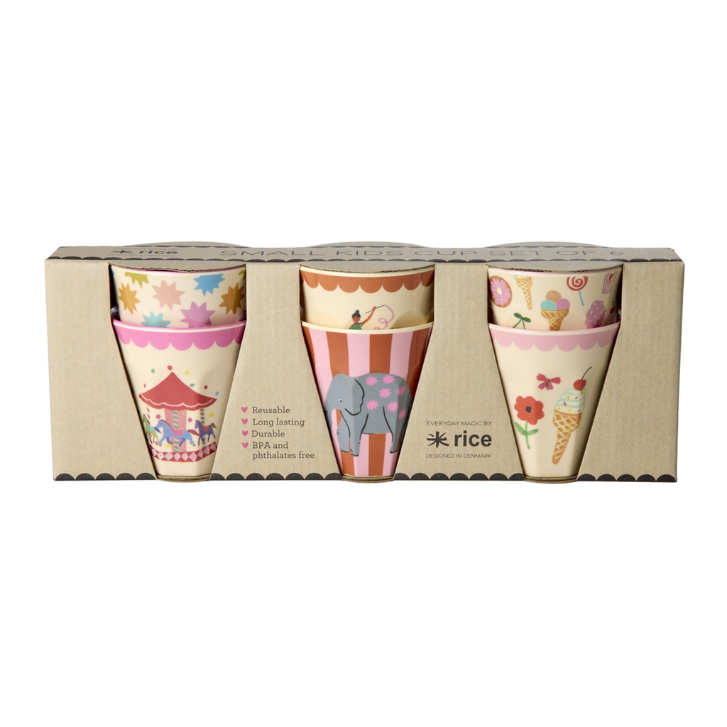 RICE Melamin Geschenkset mit 6 kleinen Bechern Fun fair Print rosa