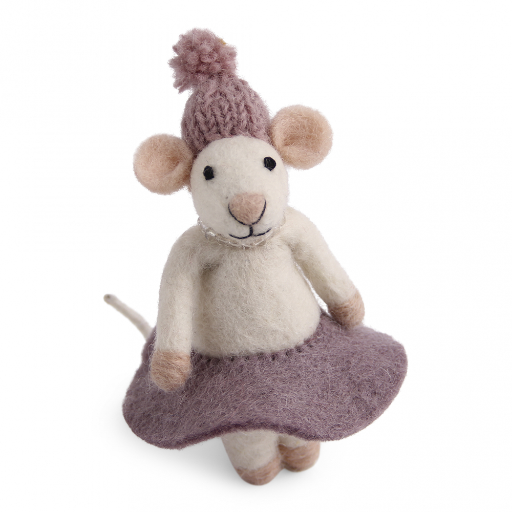 Én Gry & Sif gefilzte Maus mit einem lila Kleidchen 100% Handarbeit klein