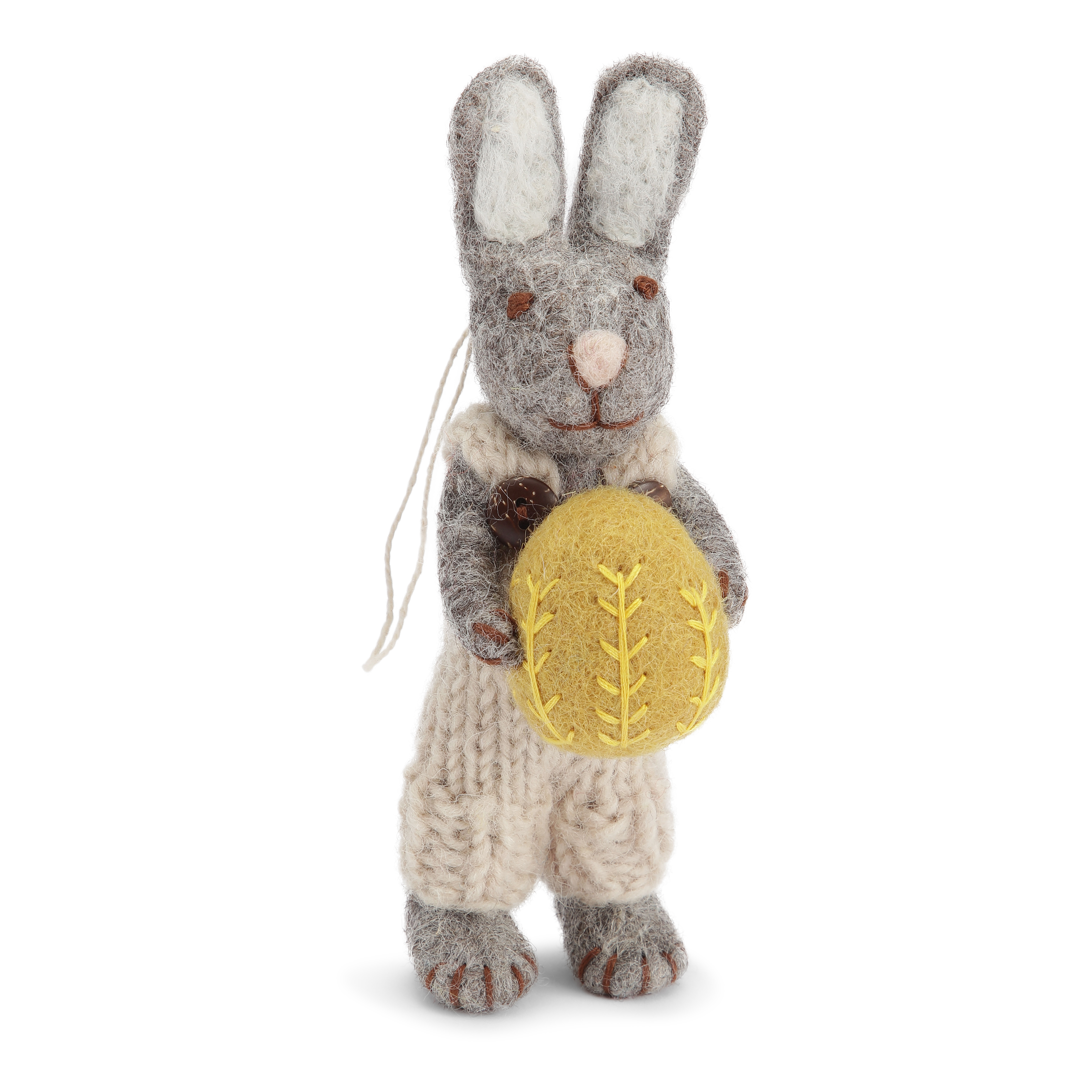 Gry & Sif grauer handgefilzter Hasi mit hellgrauer Hose und gelbem Ei 14 cm