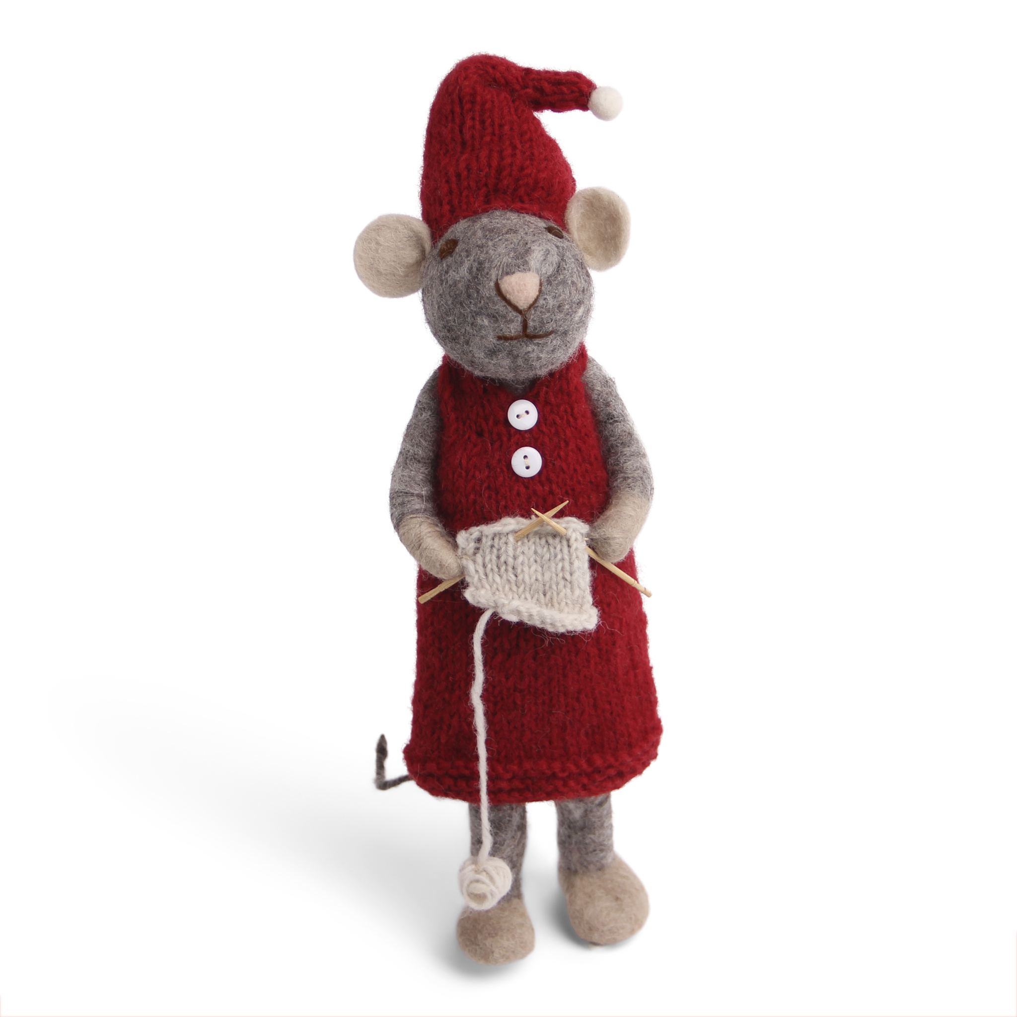 Gry & Sif handgefilzte große strickende Maus Big grey girly Mouse with kniting