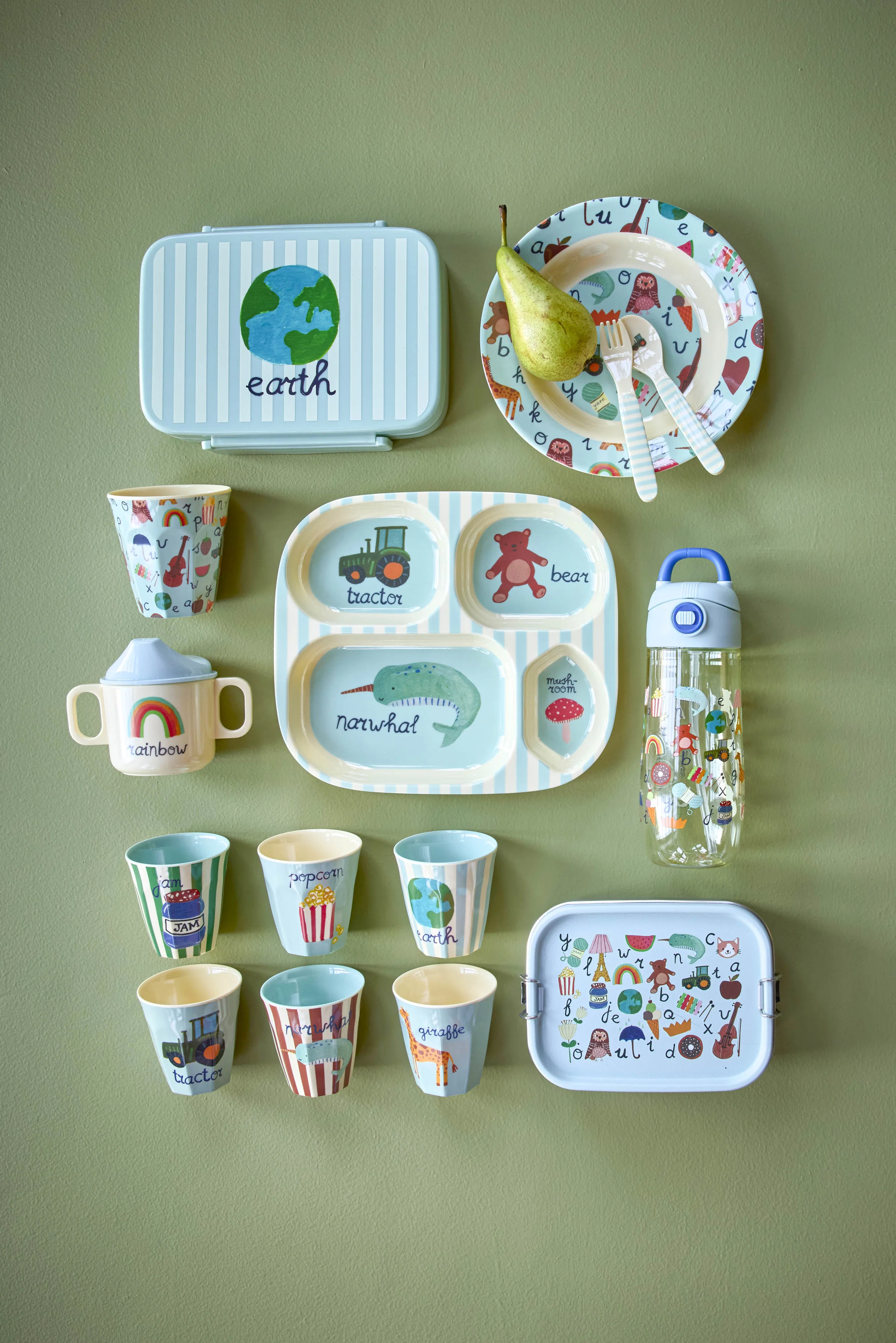 RICE Melamin Baby/Kindergeschirr Set ABC print blau 4-teilig