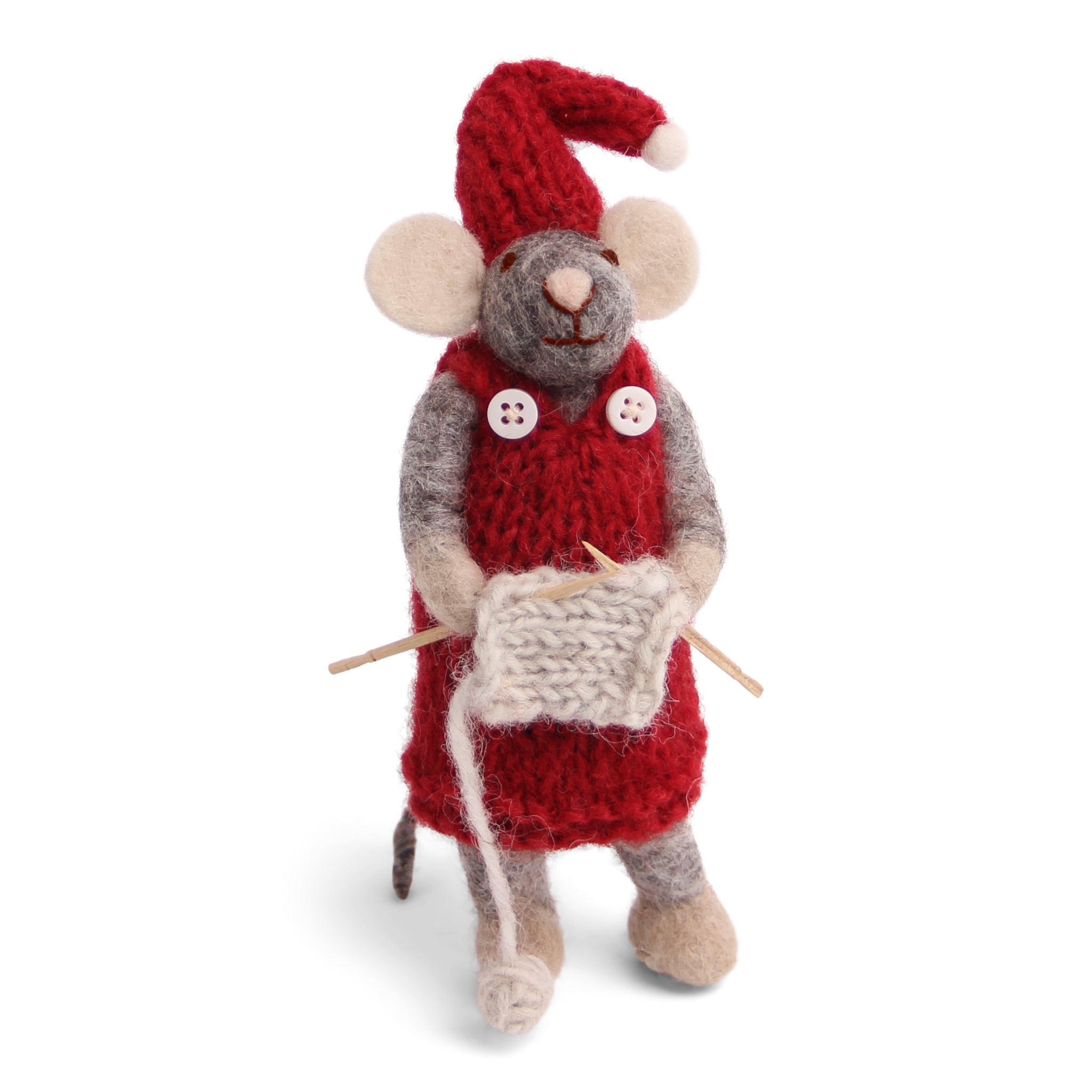 Én Gry & Sif gefilzte Weihnachtsmaus mit Strickzeug 100% Handarbeit mittelgroß