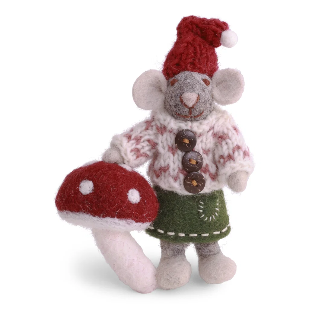 Gry & Sif handgefilztes Mäusemädchen mit Fliegenpilz small girly mouse w. mushroom