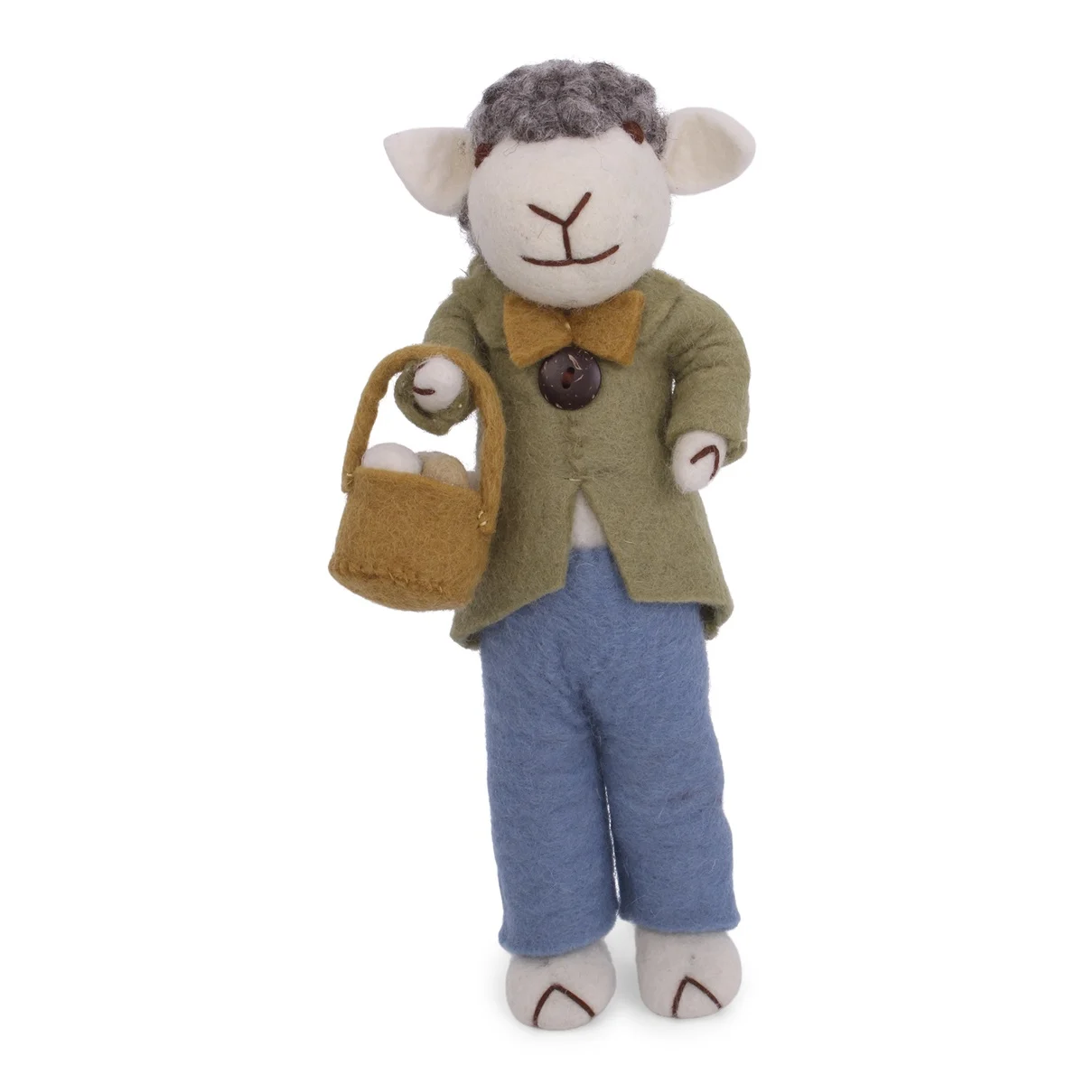 Gry & Sif großes weißes Schäfchen mit blauer Hose, grünem Jacket und Eierkörbchen 100% Handarbeit 27 cm