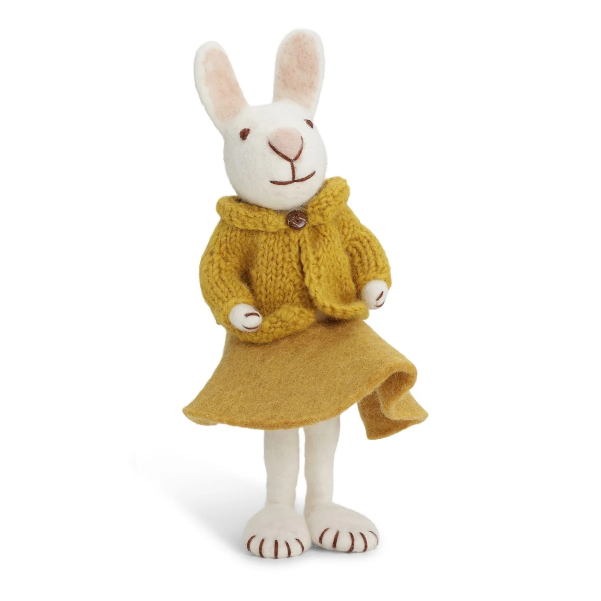 Gry & Sif handgefilztes Hasenmädchen groß mit Rock und Strickjacke 27 cm zum Hinstellen