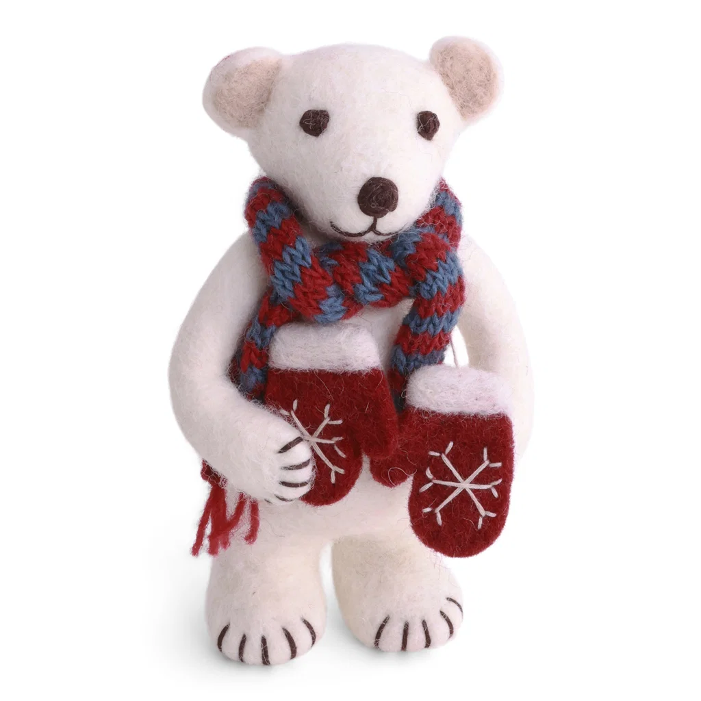 Gry & Sif handgefilzter weißer Eisbär mit Handschuhen White polar Bär with mittens