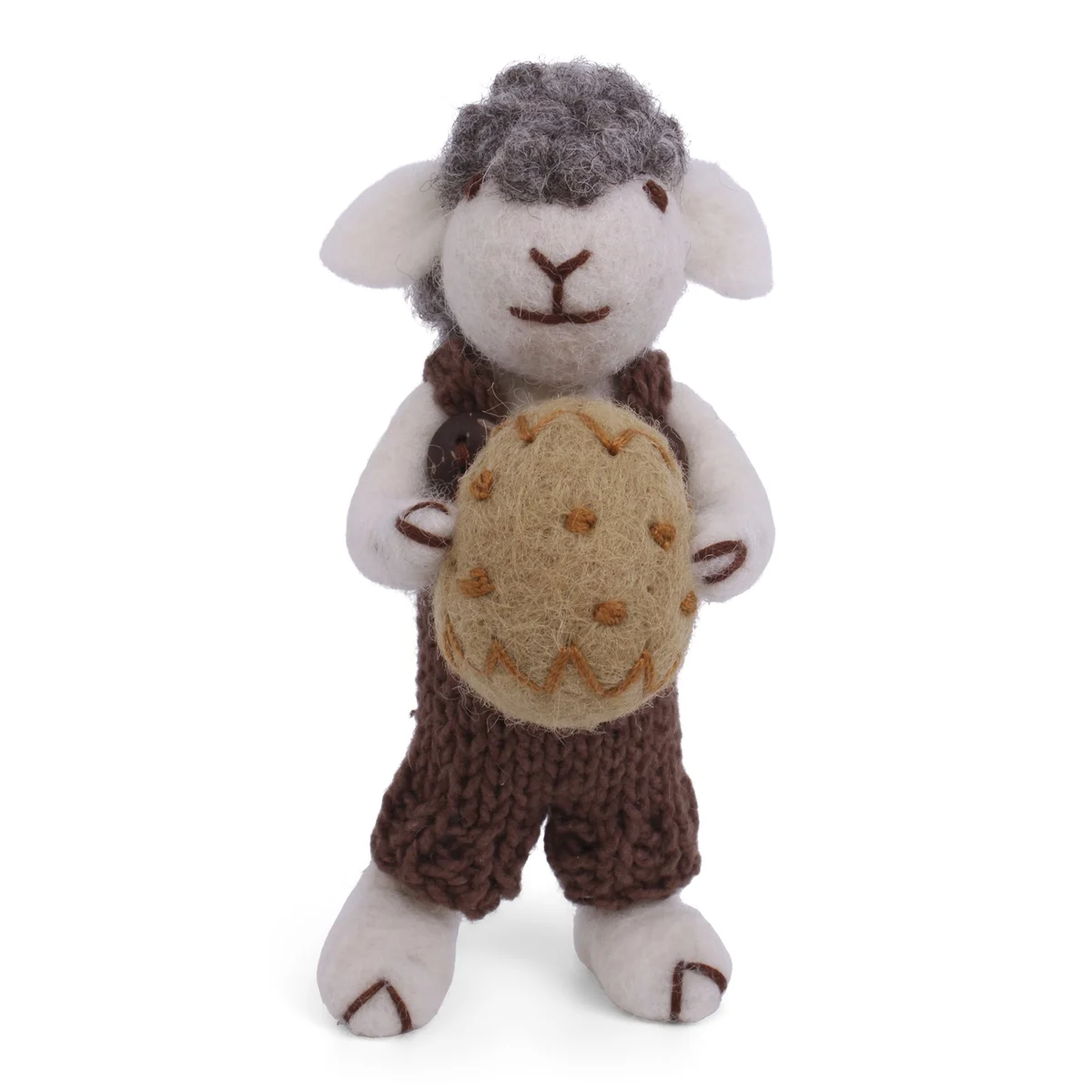 Gry & Sif handgefilztes Schäfchen mit brauner Latzhose und gelben Ei
