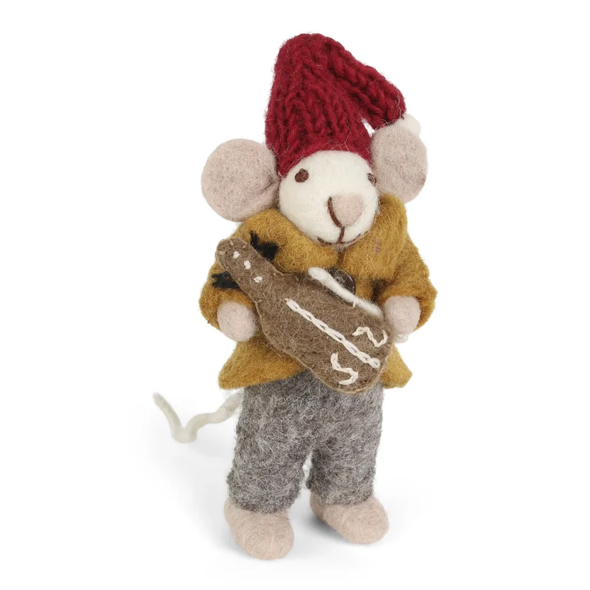 Gry & Sif handgefilzte weiße Maus mit Violine und gelben Jäckchen