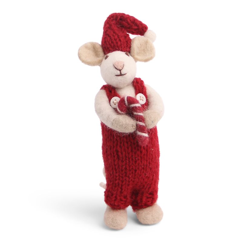 Gry und Sif handgefilzte weiße Maus mit roter Latzhose und Zuckerstange